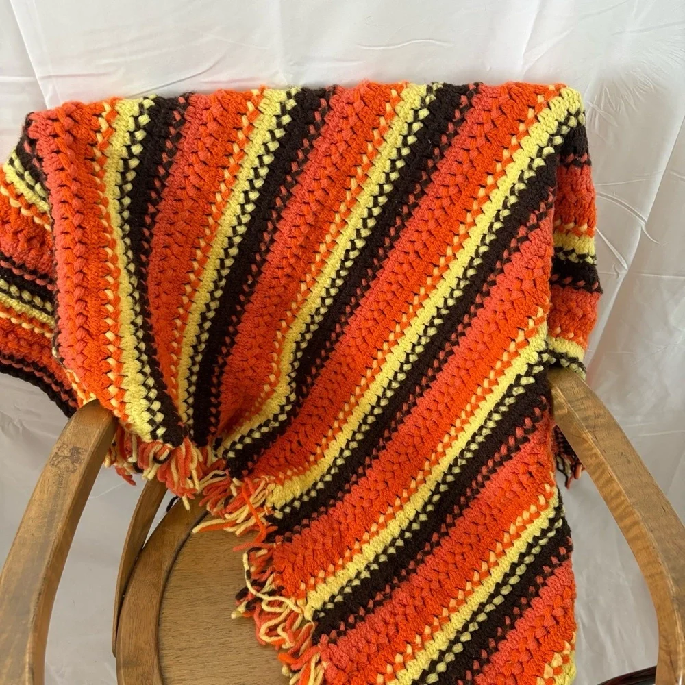 Vintage 70s crochet knit throw blanket handmade orange brown yellow indie